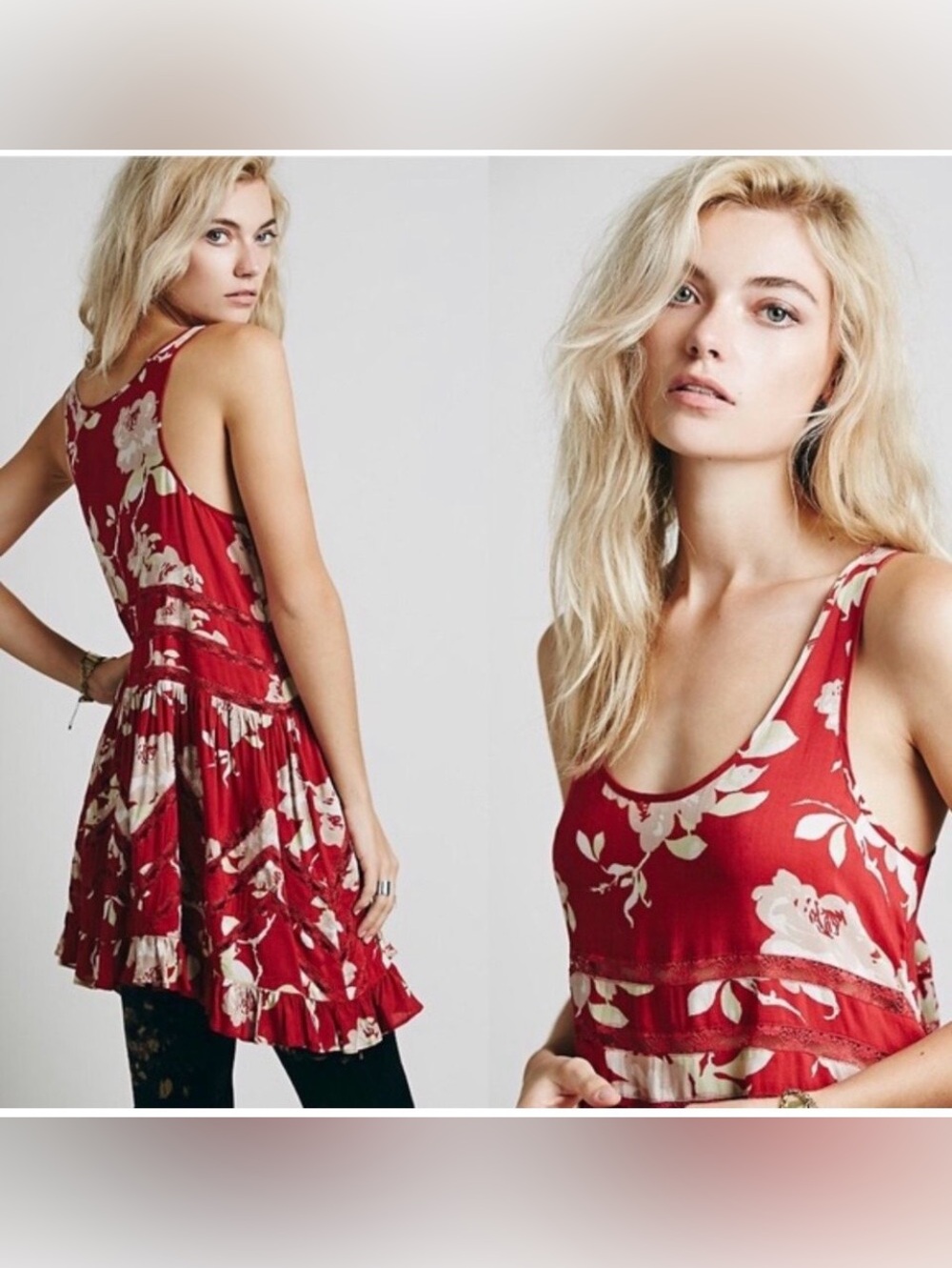 Free people Women's Red Floral Tunic - Lightweight Boho Sleeveless Tunic/top